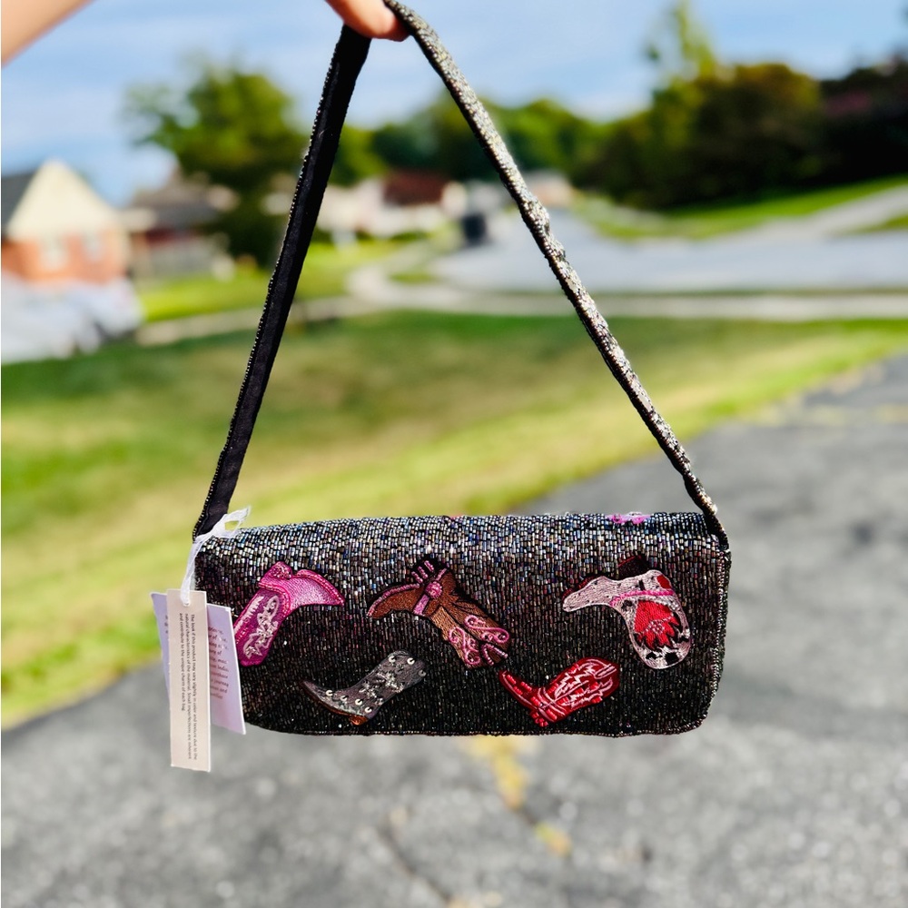 Viral Cowboy Boot Beaded Shoulder Bag Black Western Rodeo Purse Y2K - Picture 5 of 12